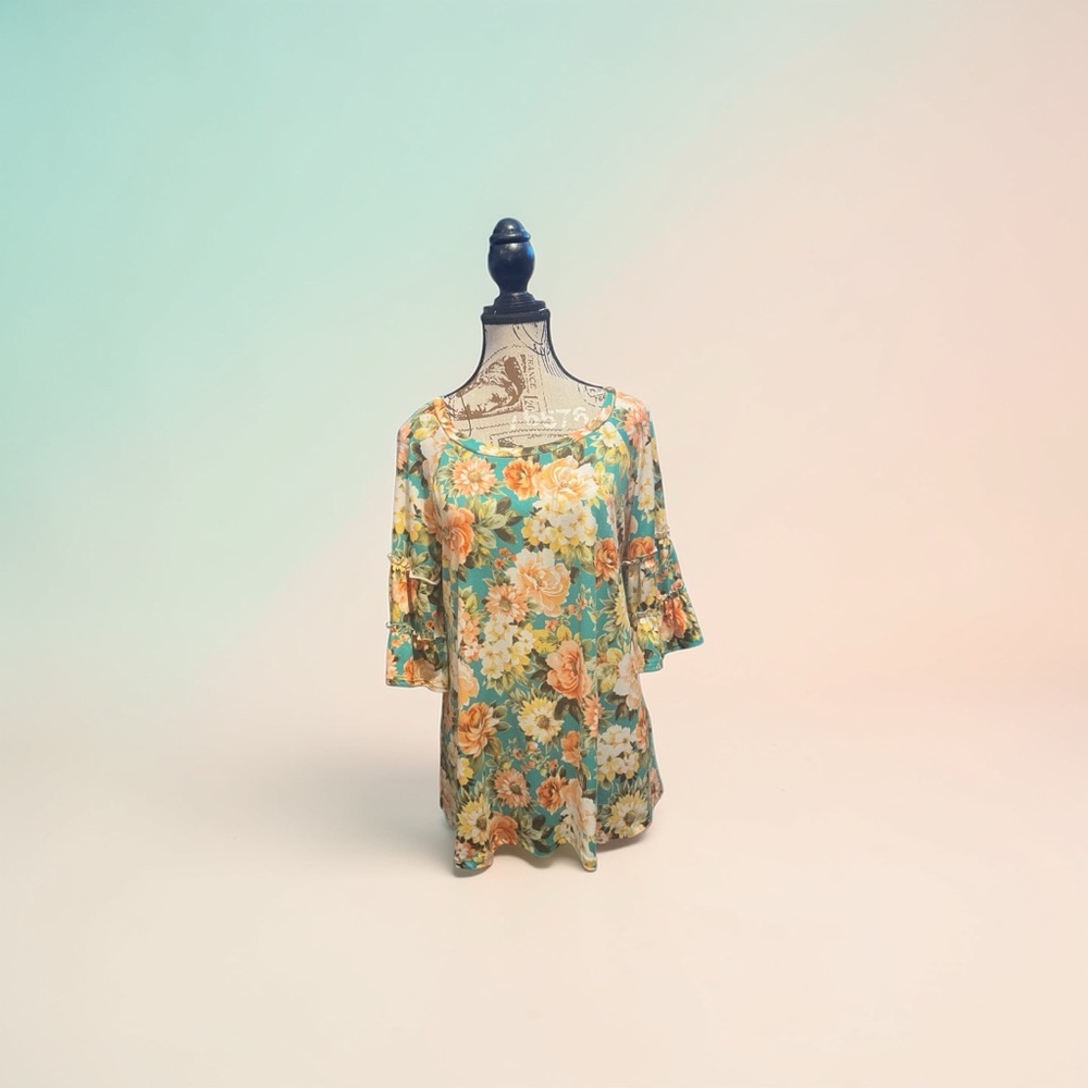 Floral Bell-Sleeve Top – Teal & Peach Garden Print - Like New